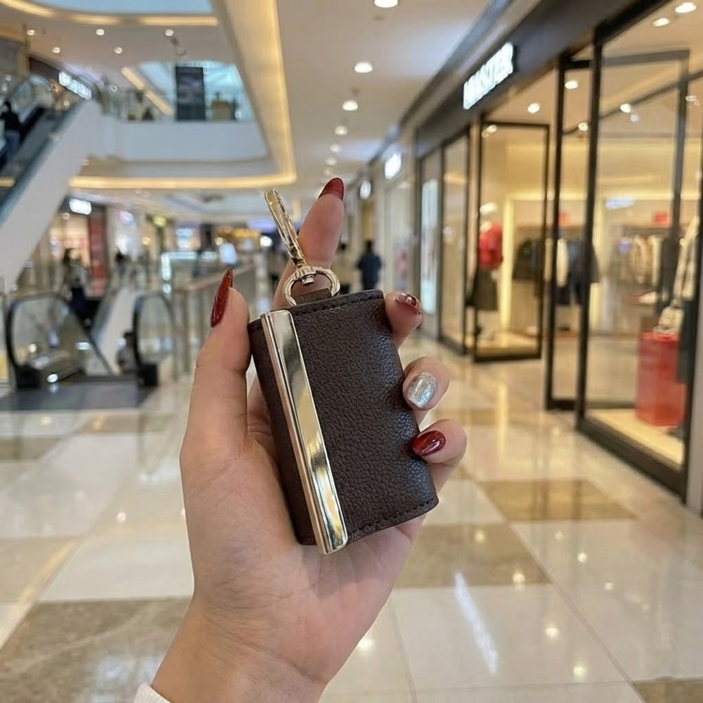 The pocket size expandable tote shown in its compact keychain form