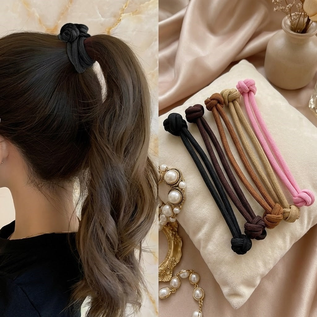 A woman elegantly tying her hair with the Minimal Knot Elastic Hair Tie Maker Tool