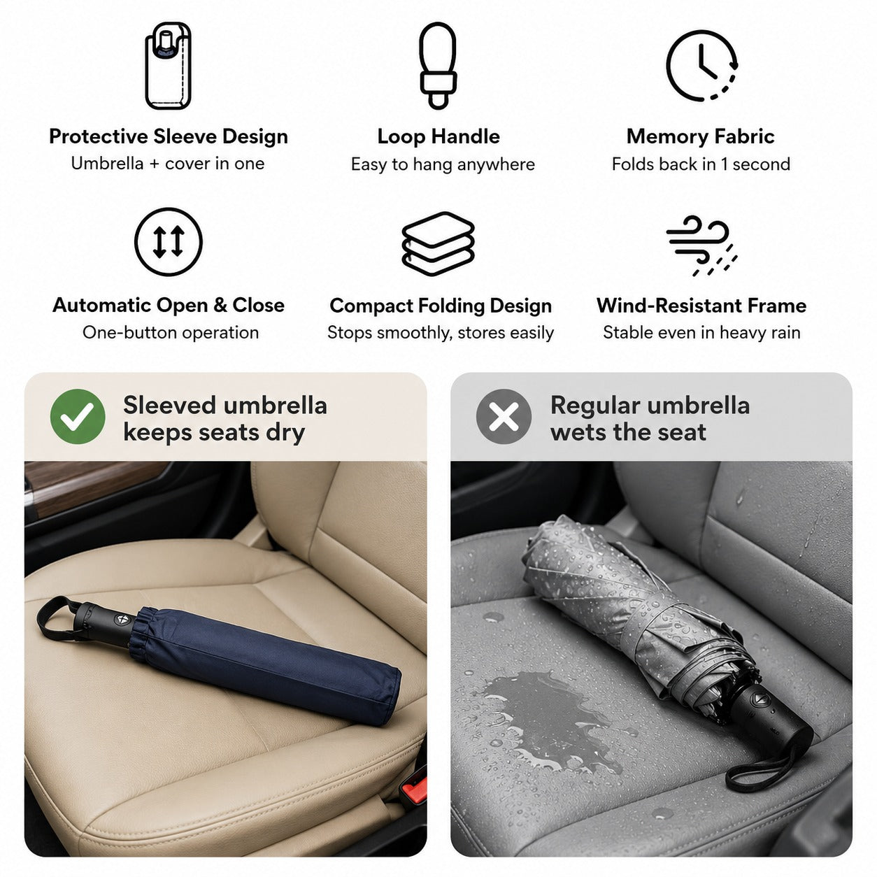 A user quickly and easily folding the Tuck & Go umbrella after use