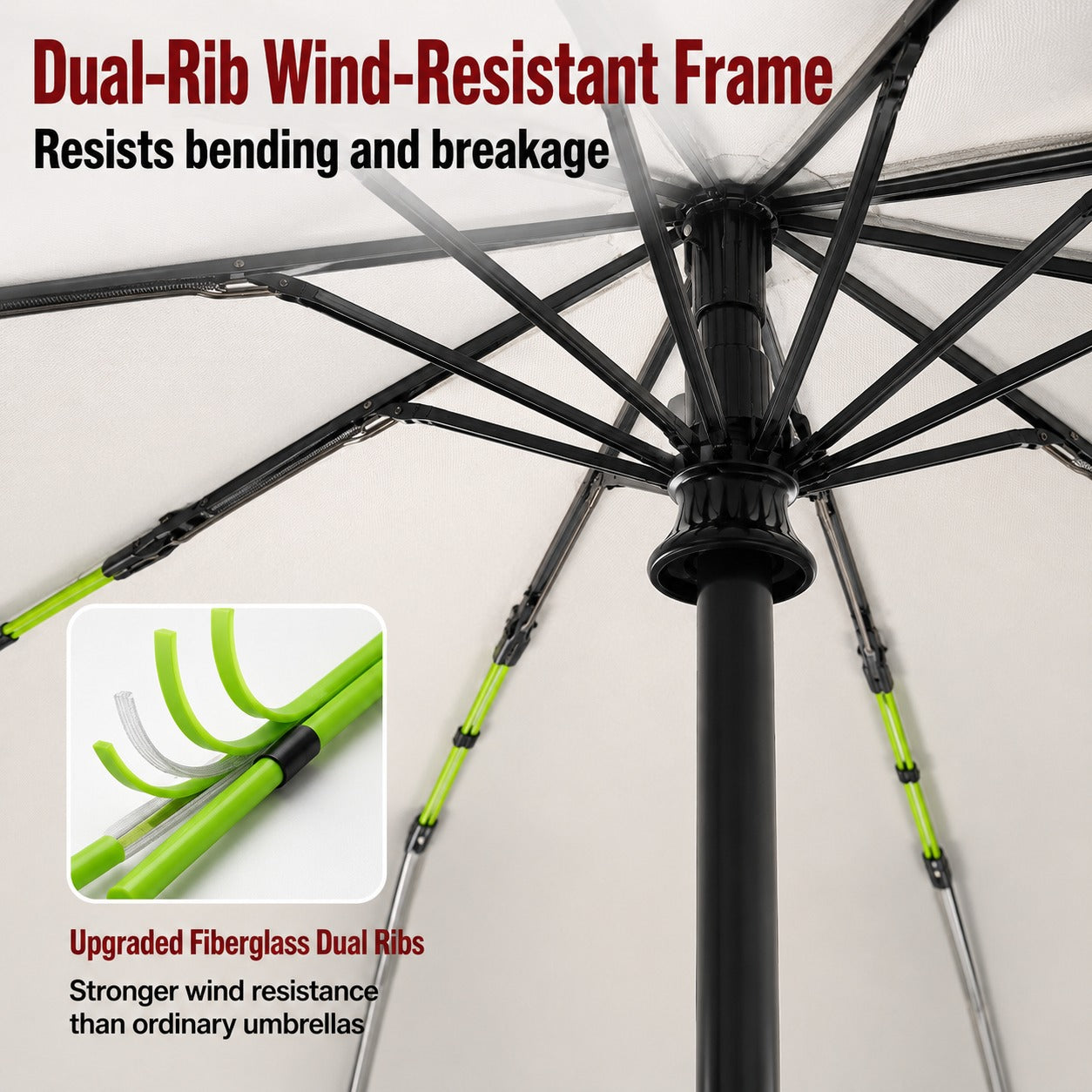 A close-up of the windproof frame on the creative gadget umbrella