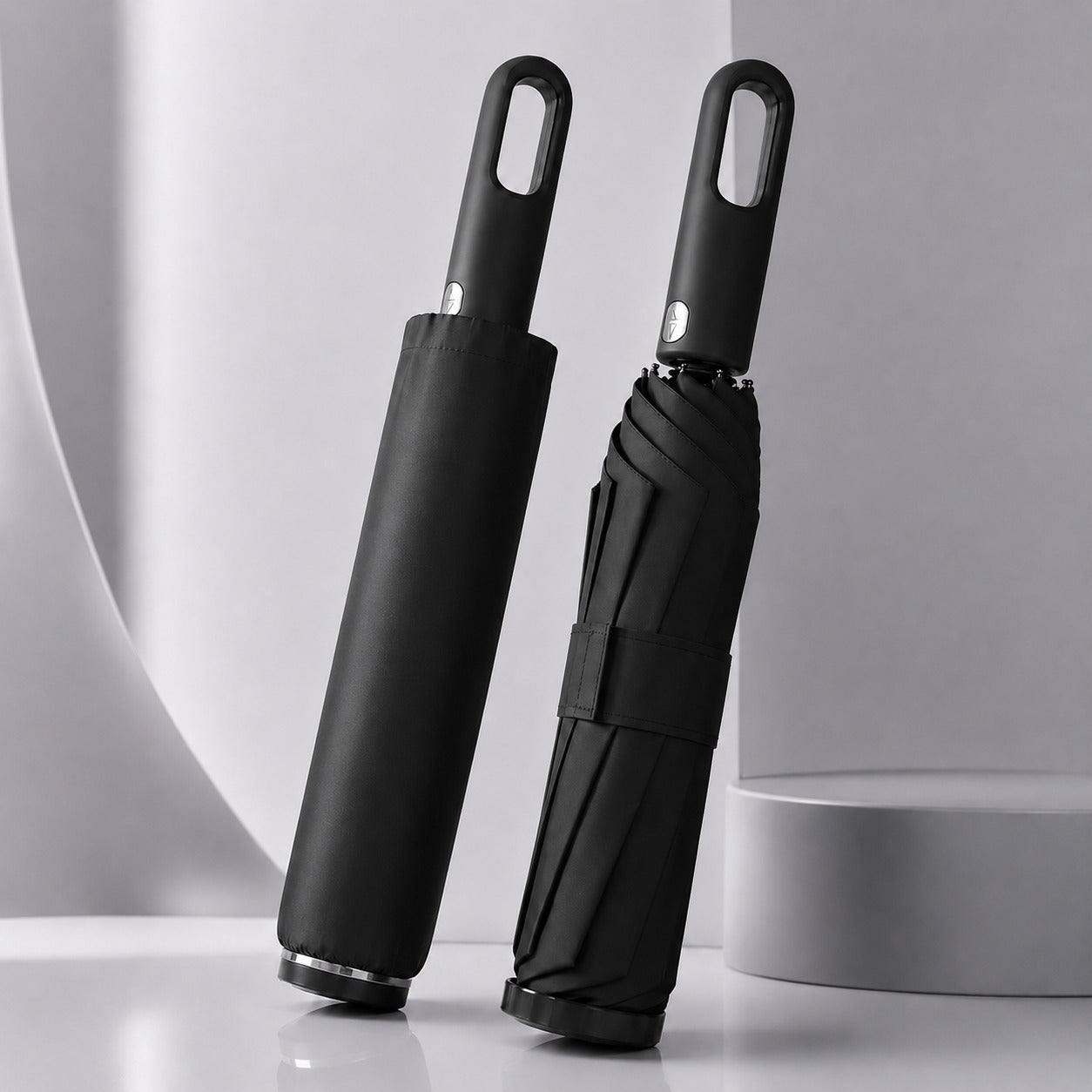 Tuck & Go Rapid Folding Windproof Umbrella being demonstrated for easy storage