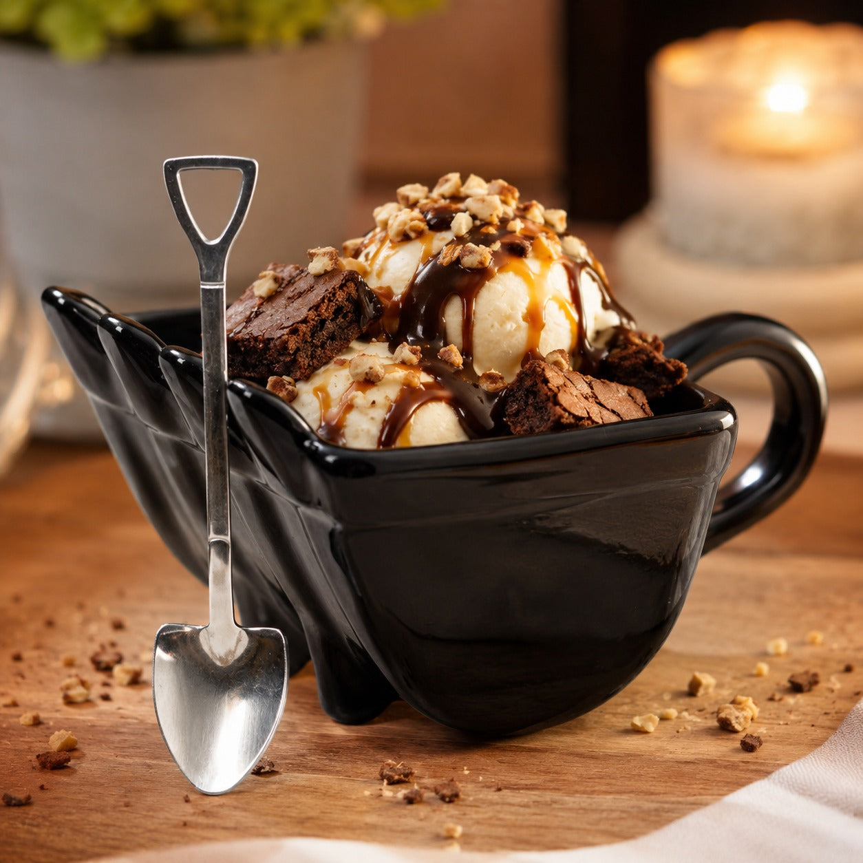 Unique Mini Excavator Dessert Mug Set gift idea holding a scoop of ice cream