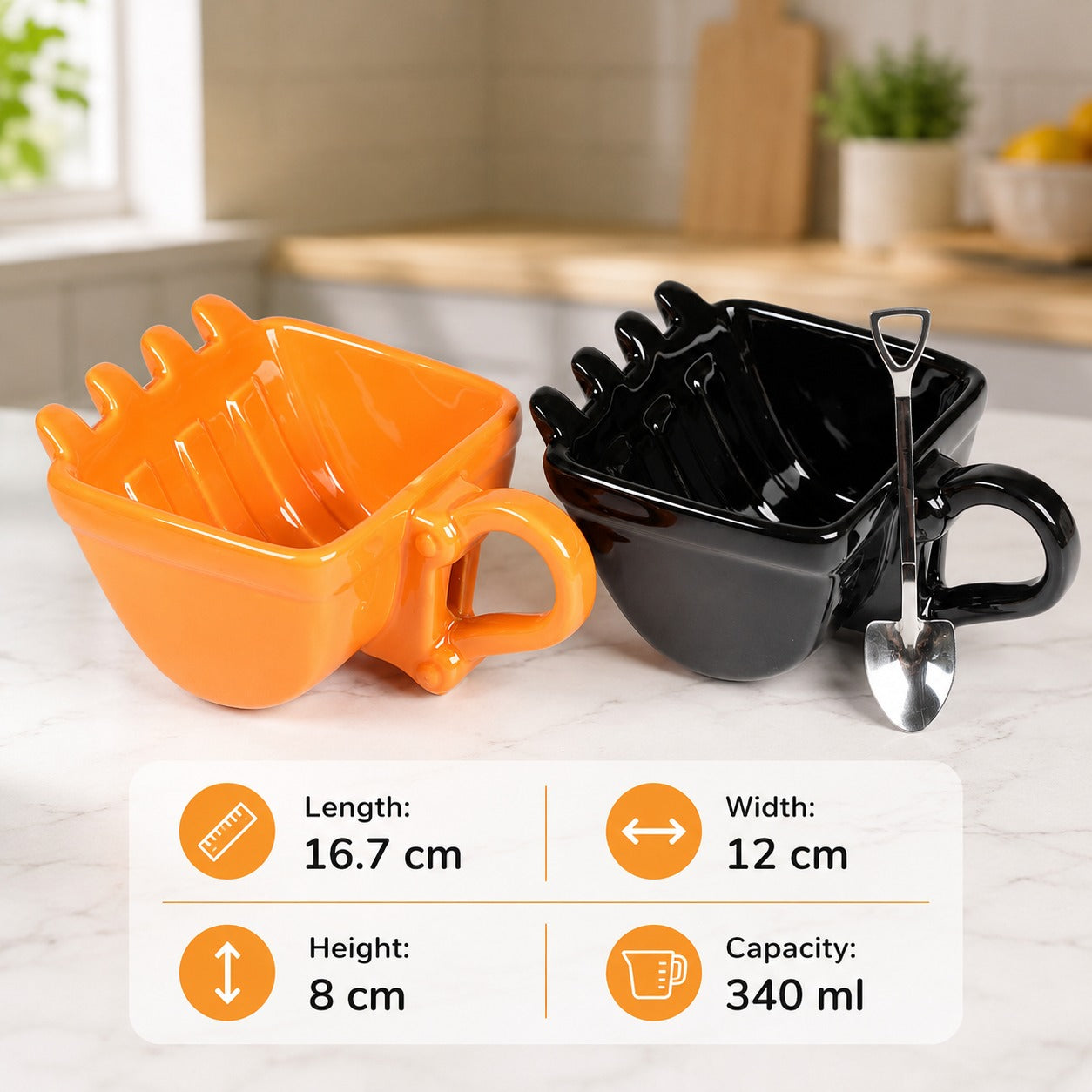 The complete excavator mug set with coaster and spoon on display