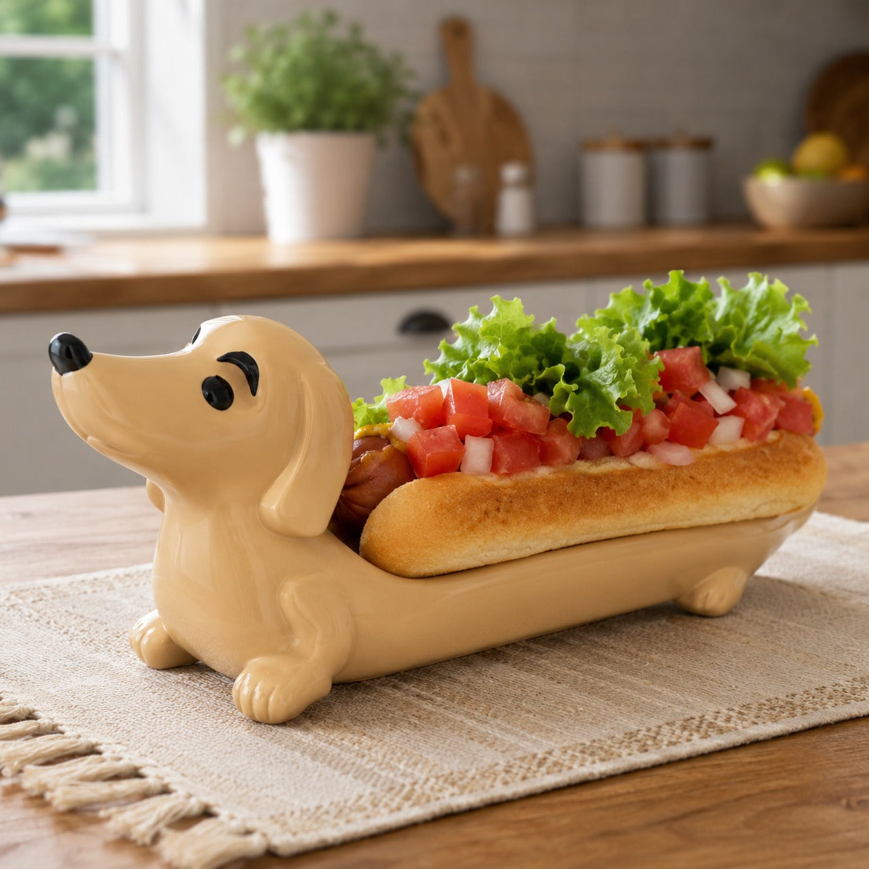 Dachshund Hot Dog Serving Plate shown with a hot dog and condiments