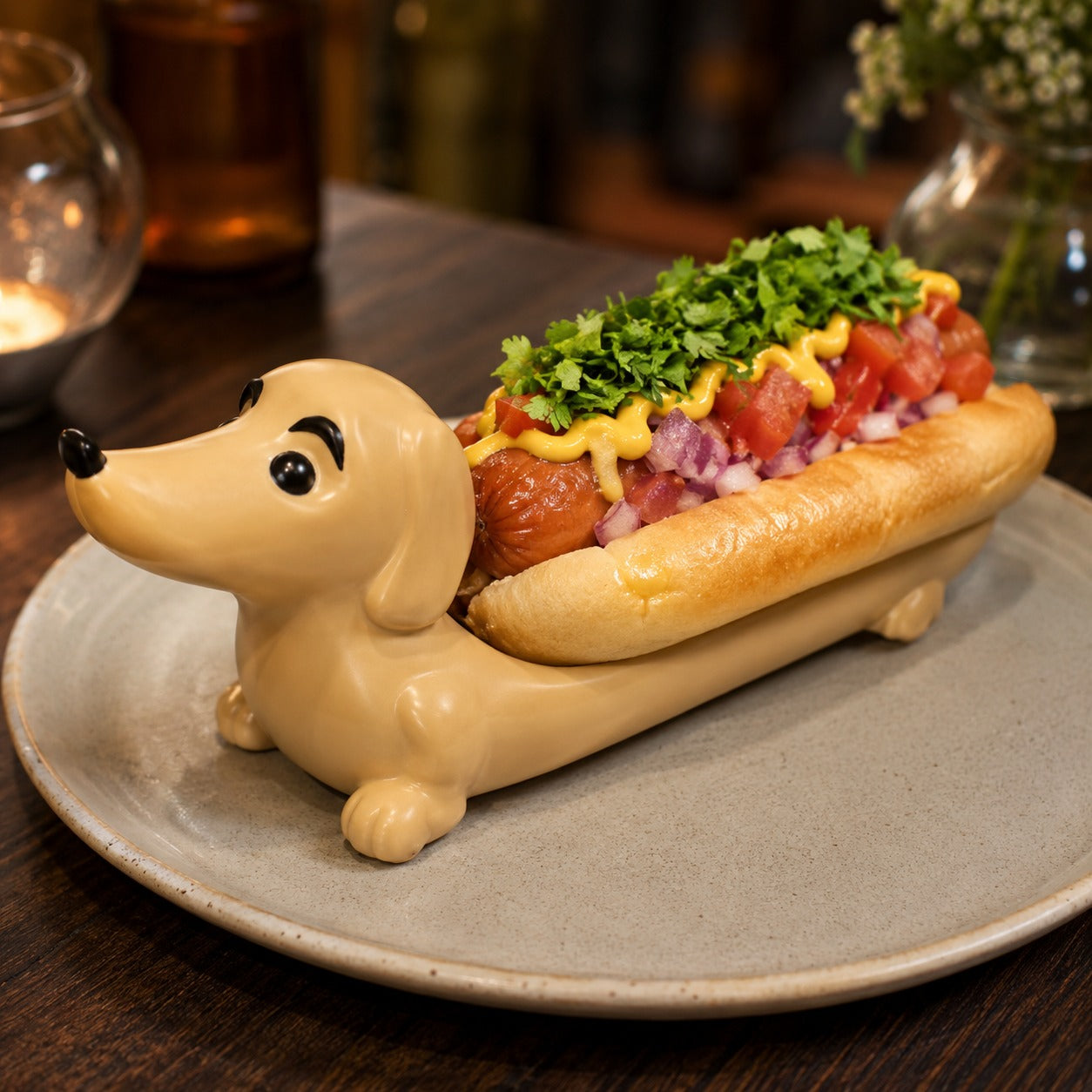 Close-up of the Dachshund Hot Dog plate's cute design