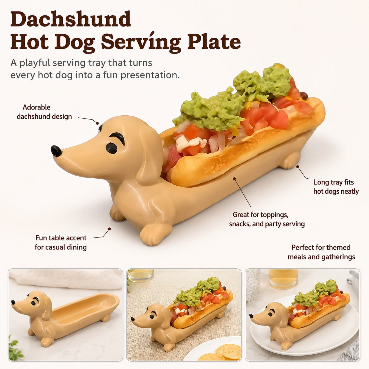 A person holding the cute dachshund shaped hot dog plate