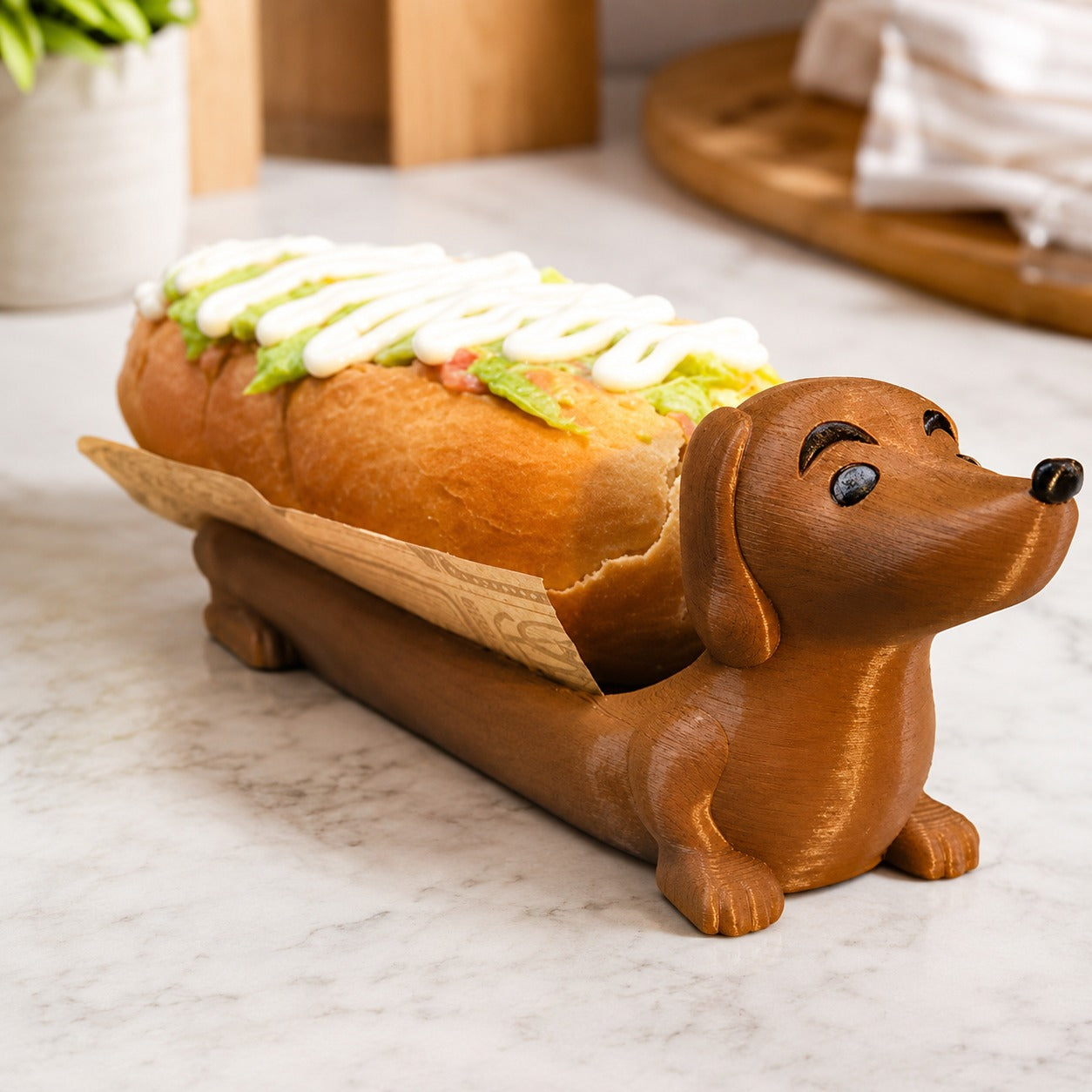 Two Dachshund Hot Dog Serving Plates in dark brown and khaki
