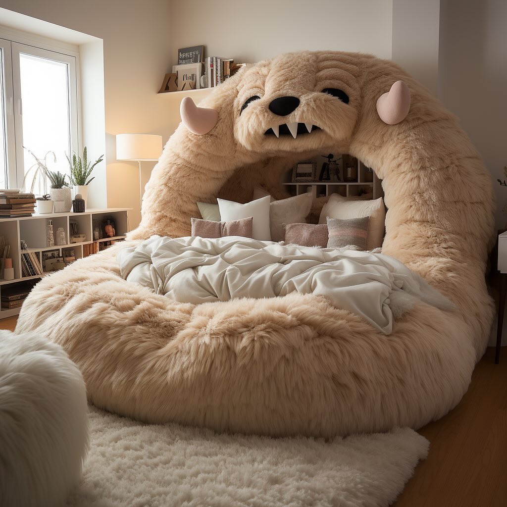 Detailed view of the soft faux fur on the Cozy Animals Oversized Plush Beds
