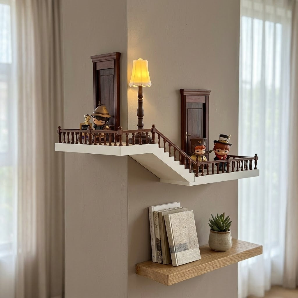 Close-up of the lit LED lamp on the miniature balcony shelf
