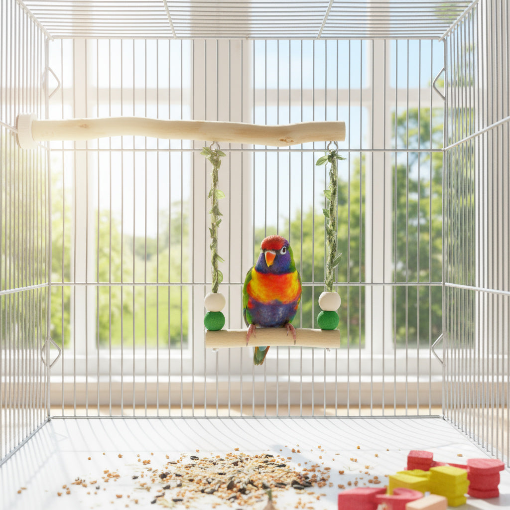 A parakeet enjoying the Natural Wood Hanging Bird Swing