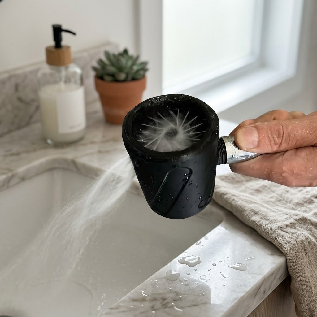 Easy installation of the JetScrub shower head in a modern bathroom