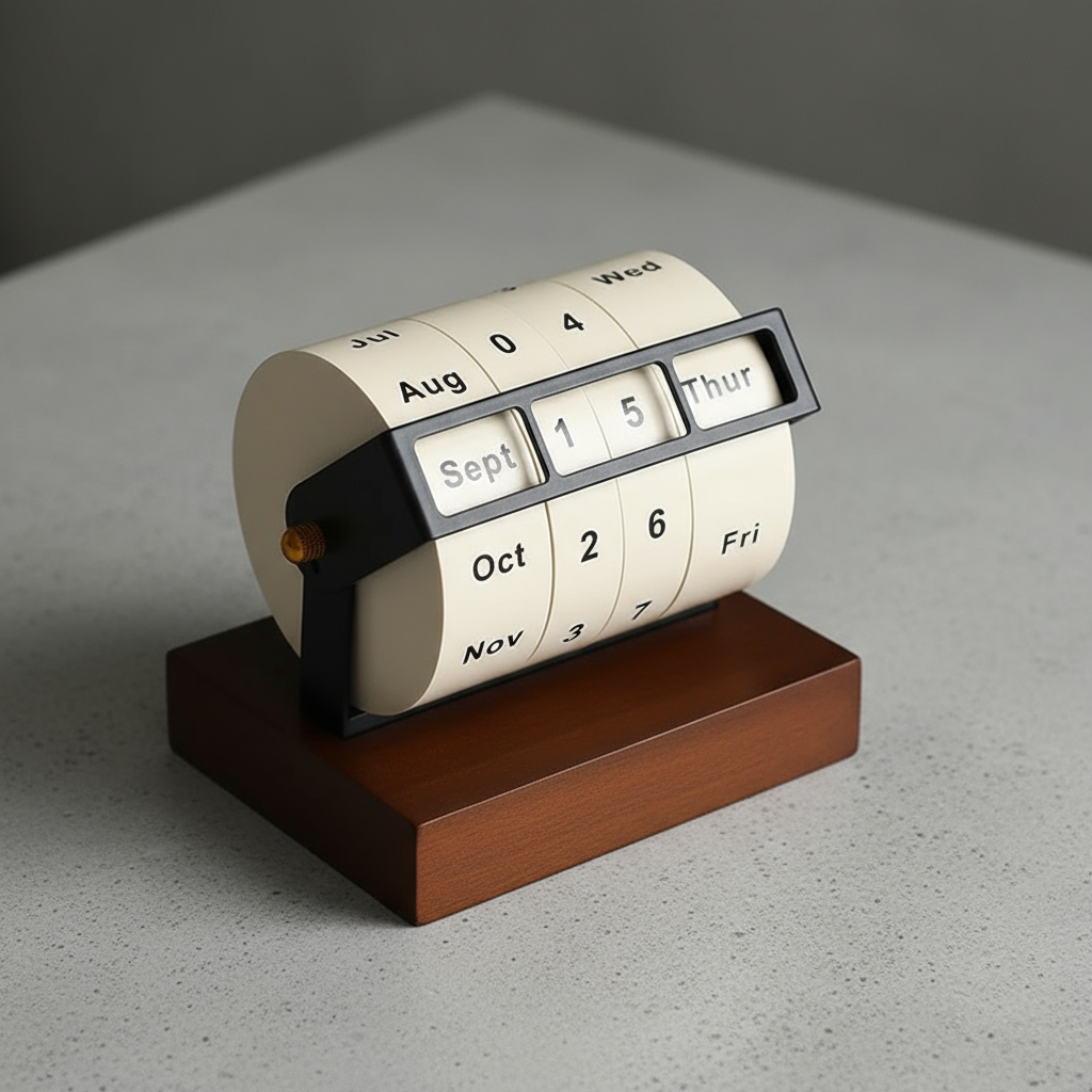 Close-up of the day and date mechanism on the rotating desk calendar