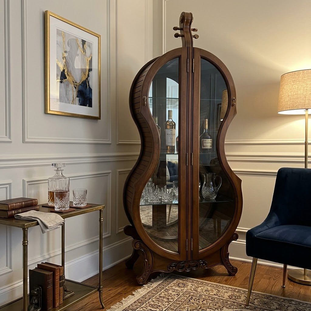 Detailed view of the vintage wood finish on the violin cabinet