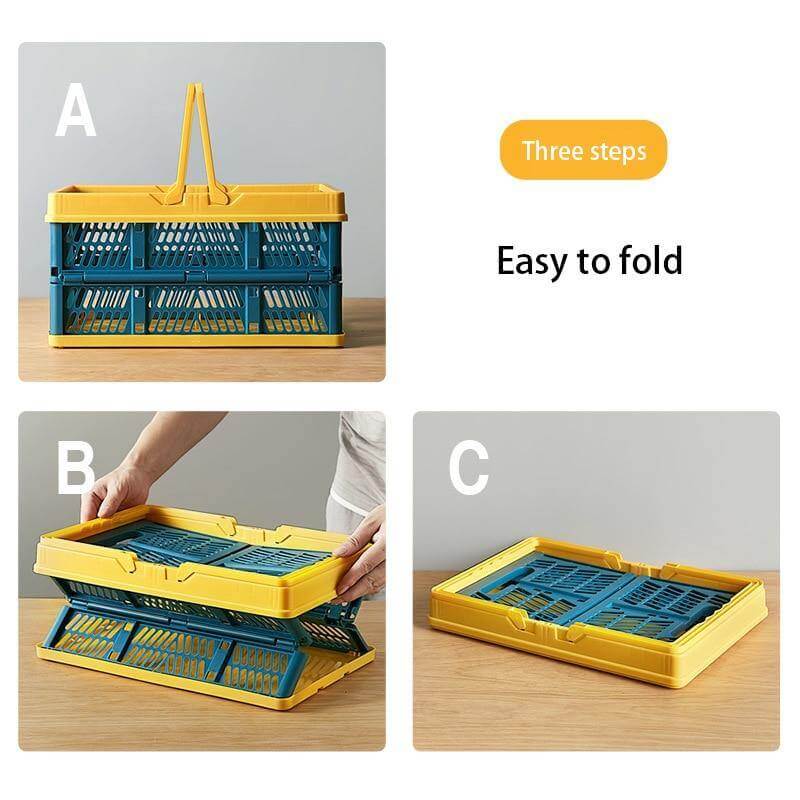 A demonstration of how the folding basket collapses flat for easy storage