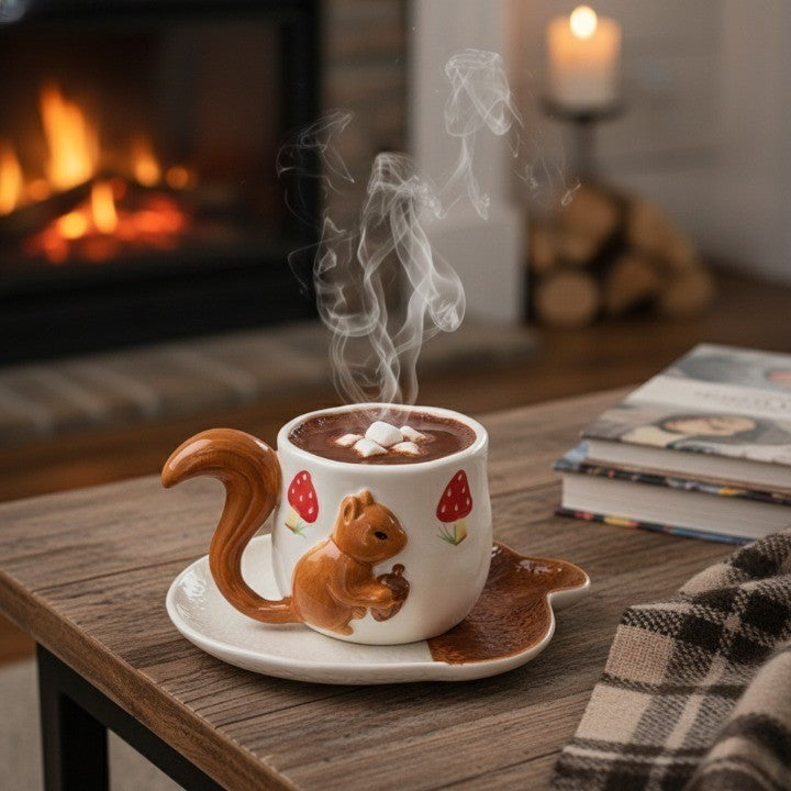 Close-up of the sculpted squirrel on the artisan tea cup