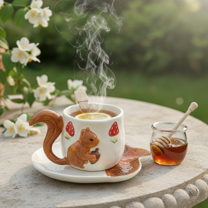Detailed view of the tea cup's woodland theme
