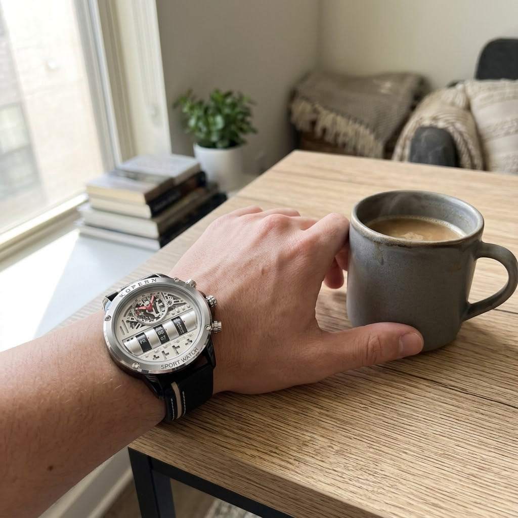 A man wearing the unique Time Capsule Rotating Calendar Engine Dial Watch