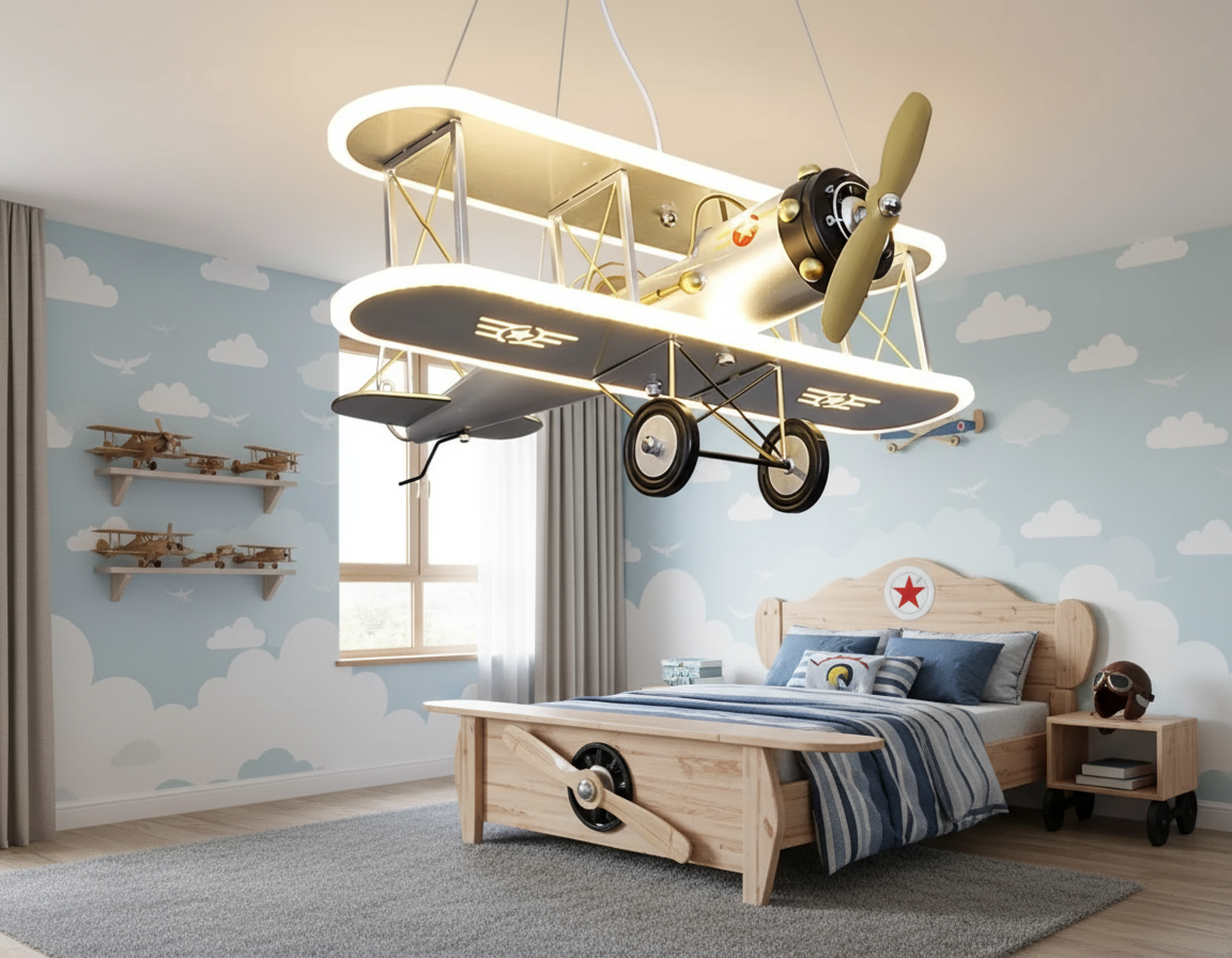 The airplane lamp viewed from an angle showcasing its sturdy iron body
