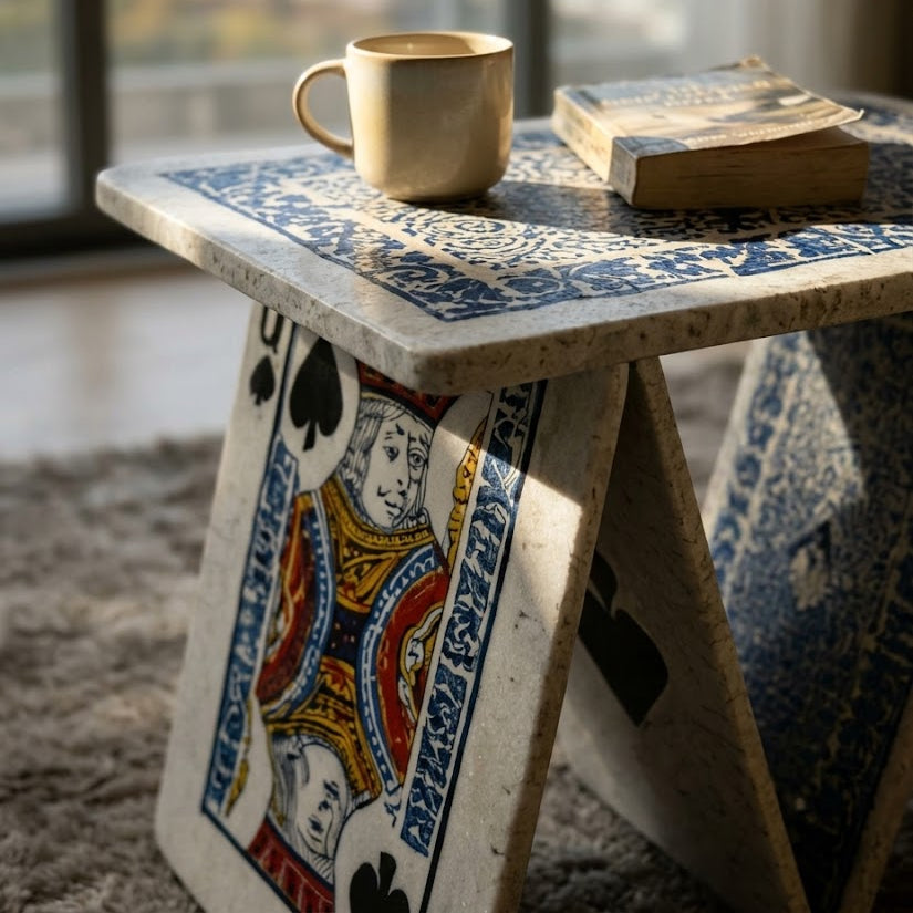 The Playing Cards Art Coffee Table in a modern living room setting