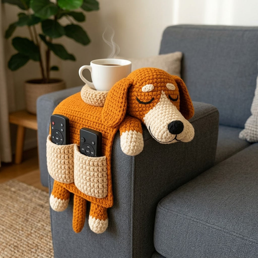 SitBoy Dog Figure Sofa Armrest Remote Organizer holding a remote control