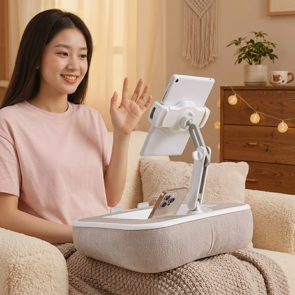 A view of the integrated snack tray and cup holder on the cozy lap desk