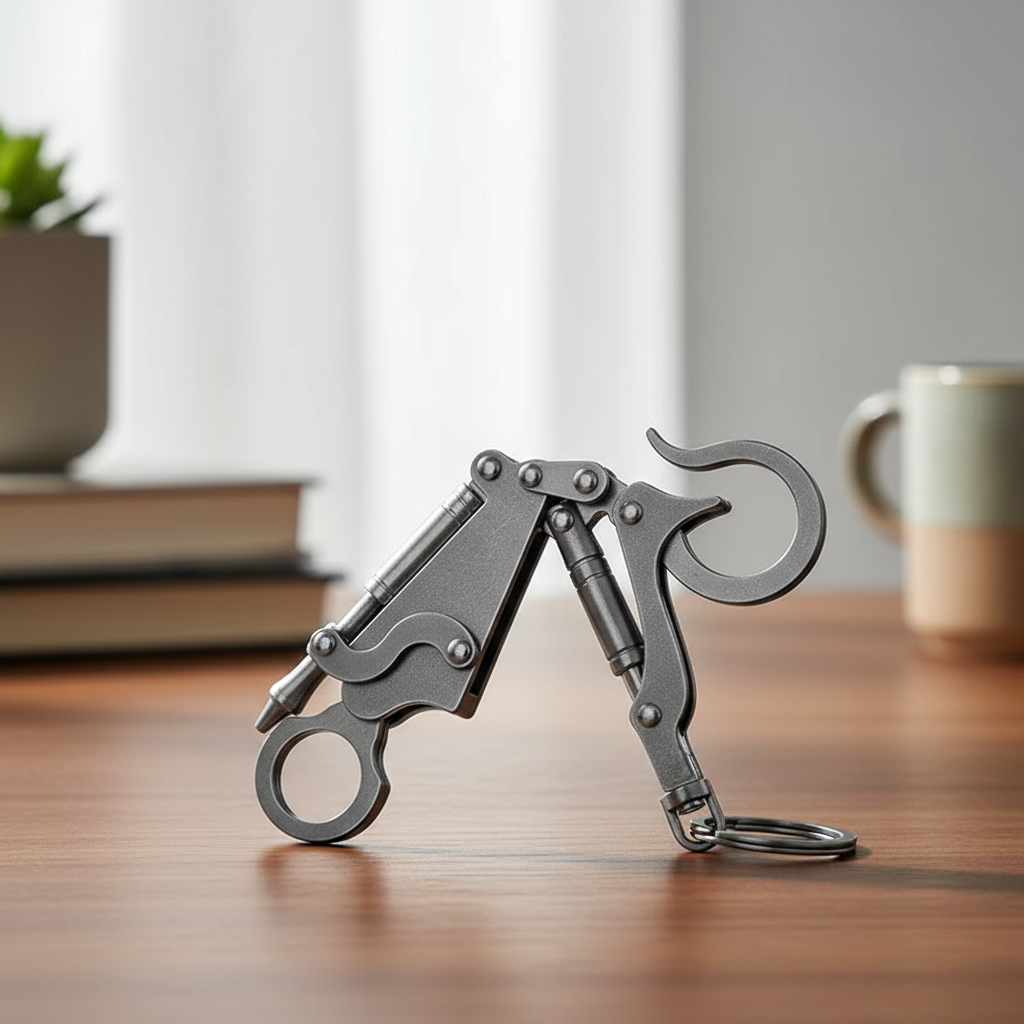 The stainless steel multitool keychain in hand, showing its compact size