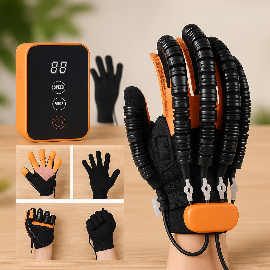 Automatic hand trainer gloves being used by an elderly person for rehabilitation