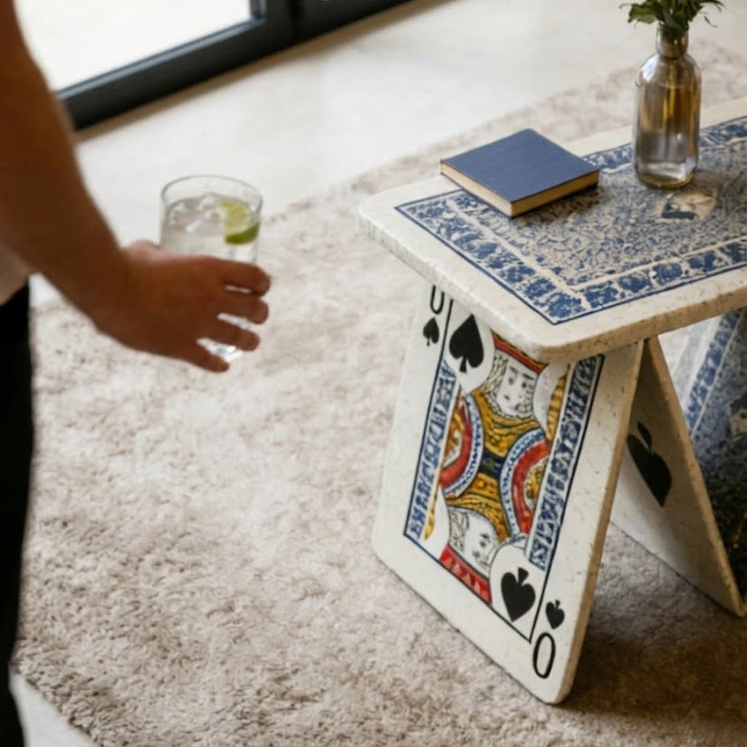 A view of the coffee table's surface and artistic base