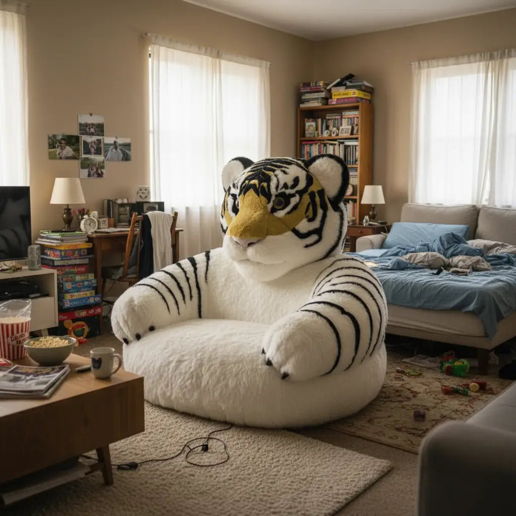 Close-up detail of the plush fabric on the tiger lounge chair