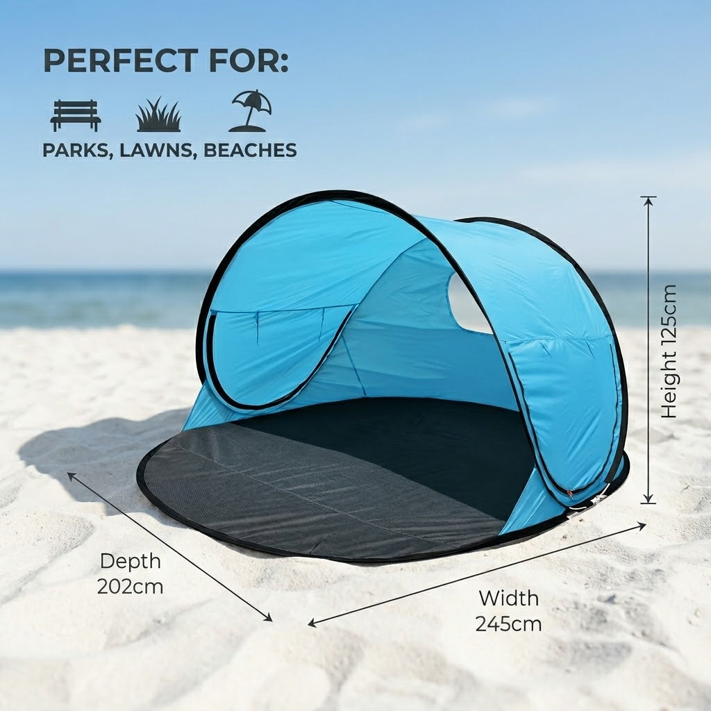 Lightweight and portable beach tent in its carrying bag