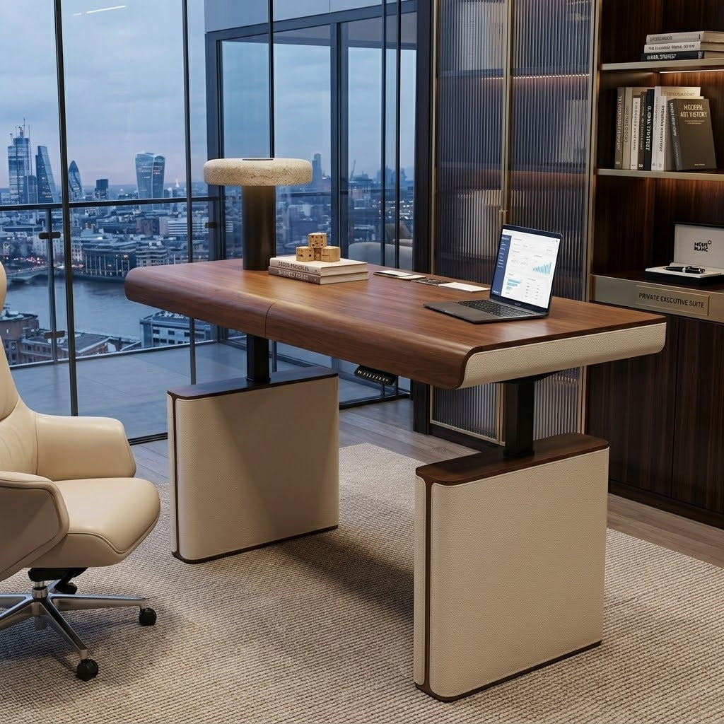 A spacious and modern standing desk with a laptop and decor.