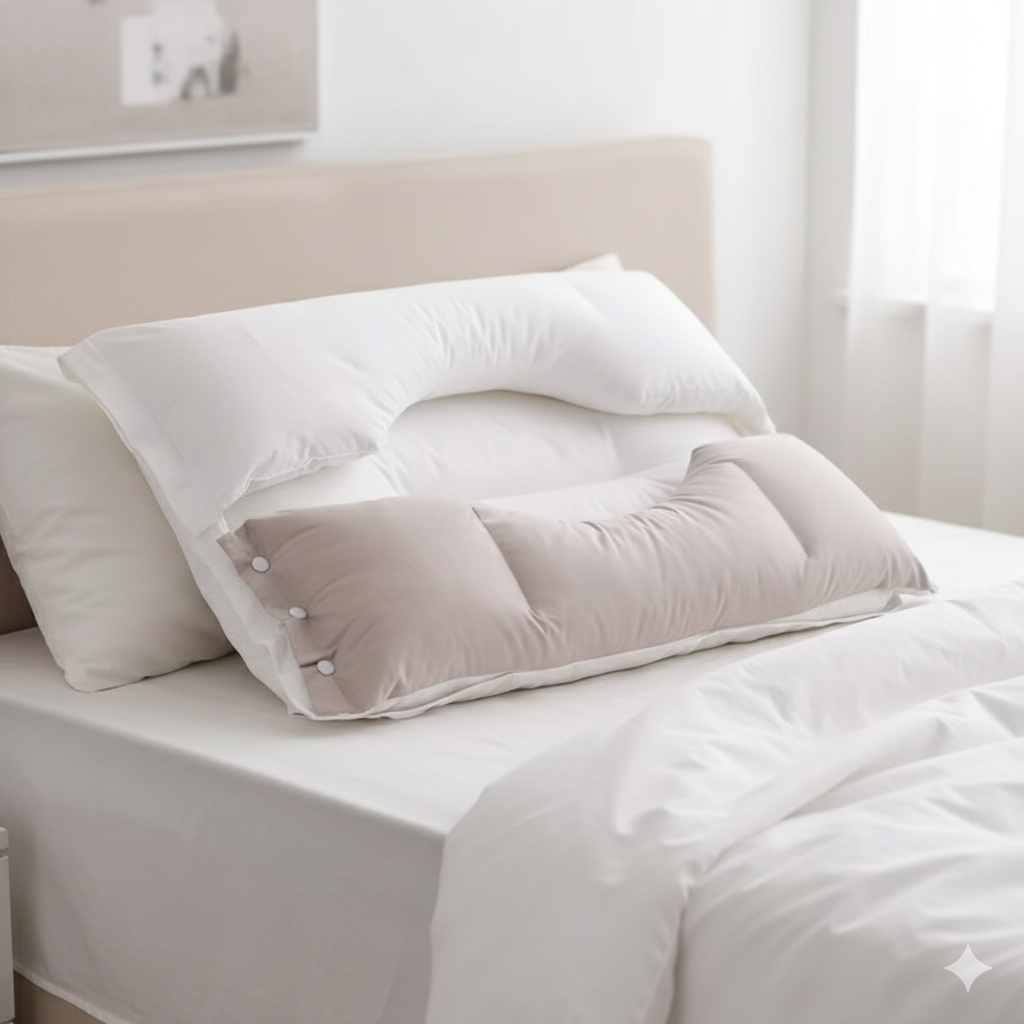 Lifestyle shot of the Sleep More pillow on a neatly made bed