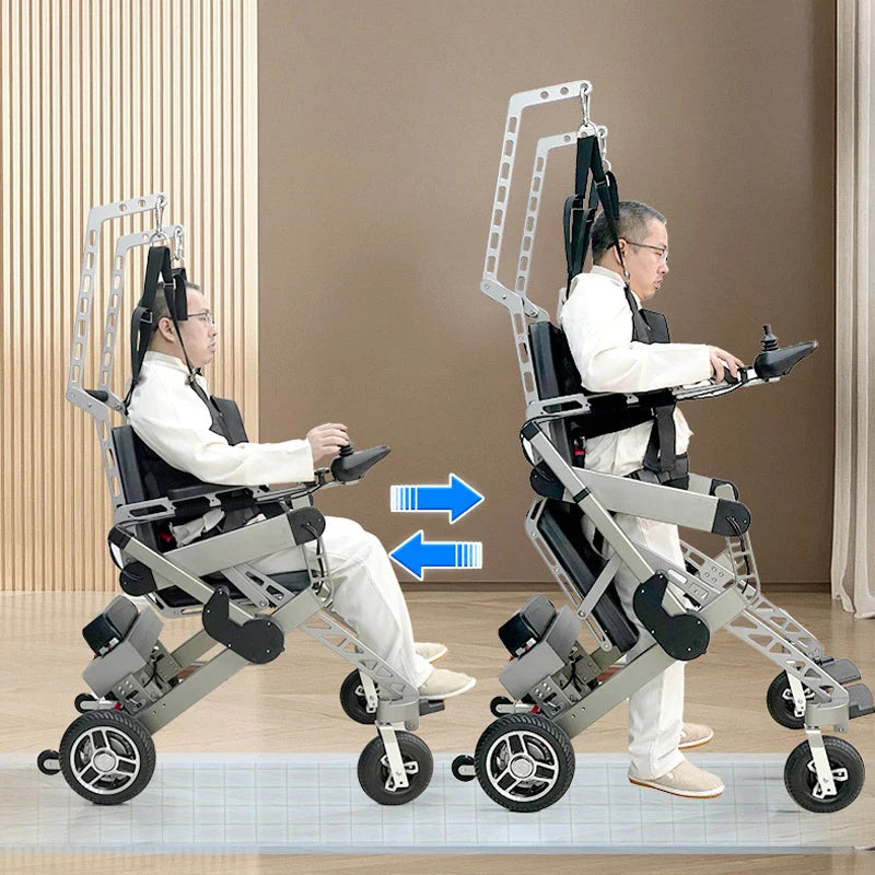 A user demonstrating the transition from sitting to standing with the rehabilitation trainer wheelchair