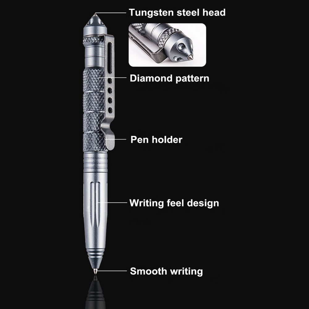 Close-up of the Meteor Tactical Defense Survival Pen's features