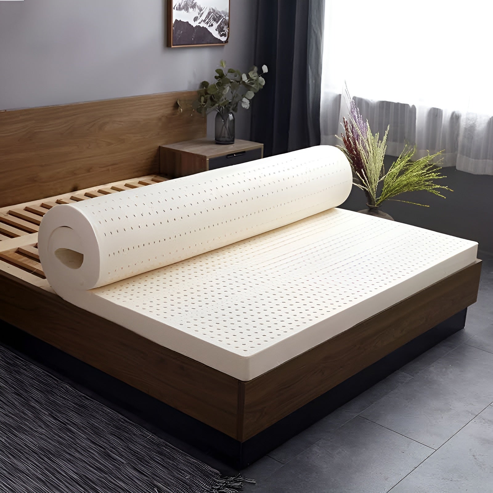 A luxurious 4-Layer Japanese Style Natural Latex Mattress on a modern bed frame