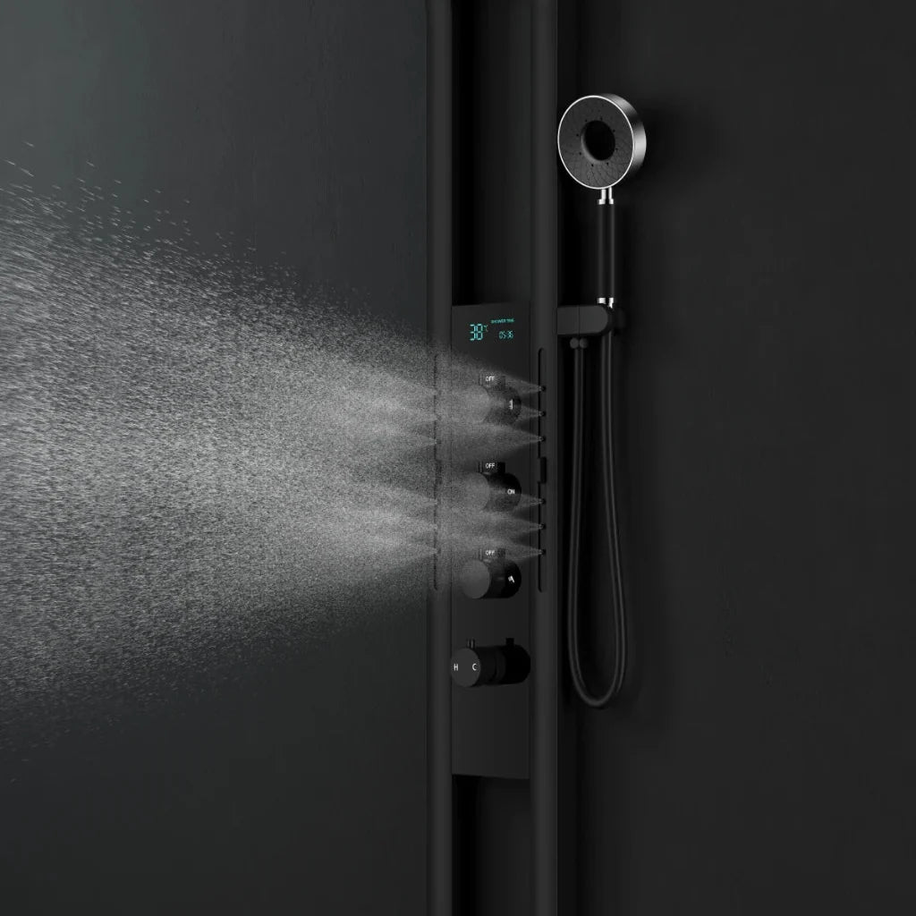 Sleek matte black rainfall shower system installed in a modern bathroom