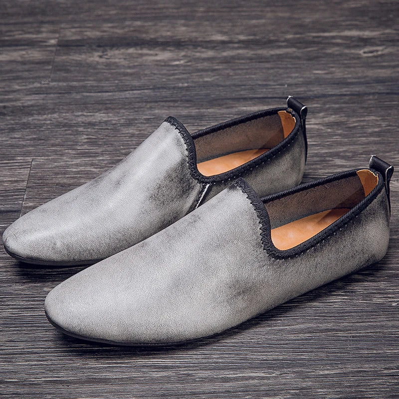 Close-up detail of the genuine leather slip-on shoes