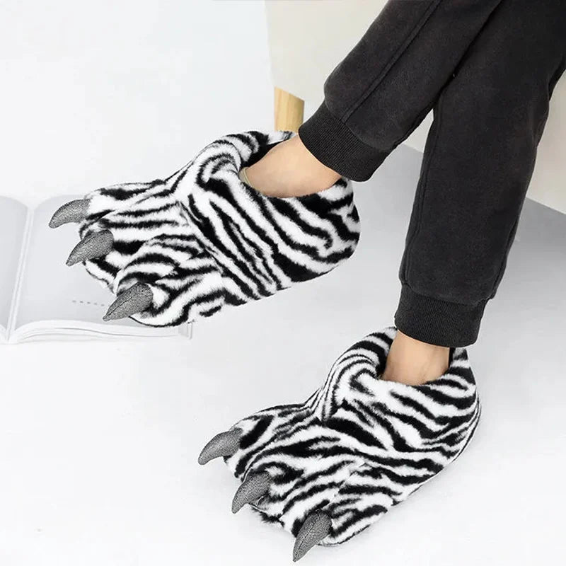 Close-up of the soft plush material of the monster claw slippers
