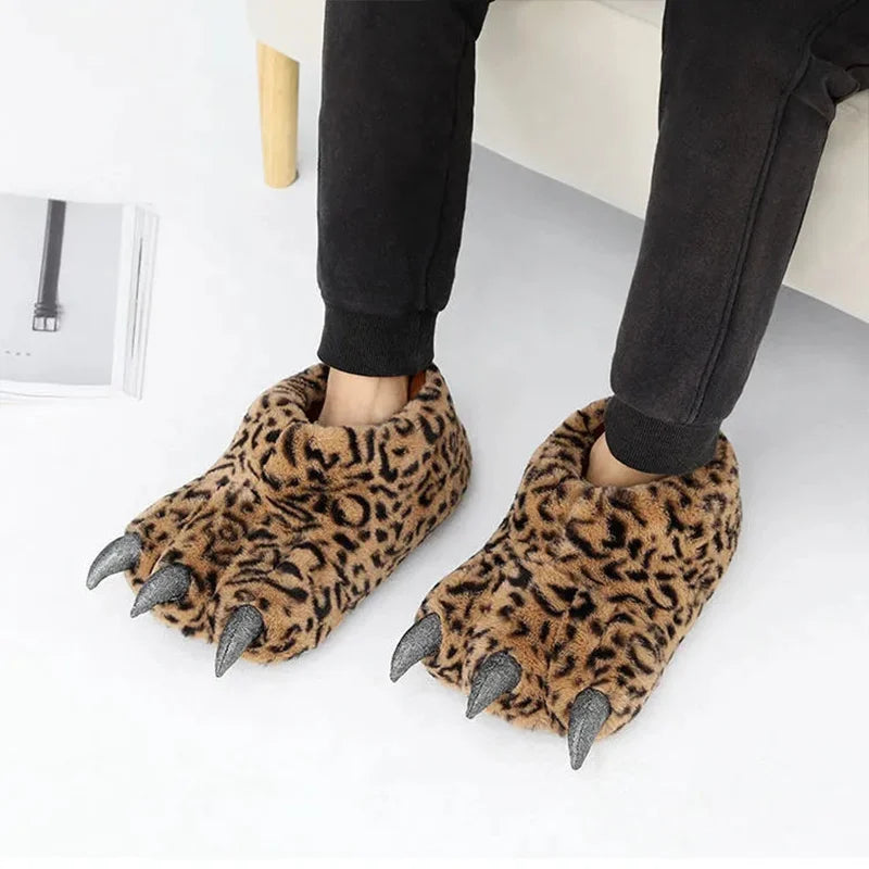 Furry Monster Claw Slippers shown in a cozy home setting
