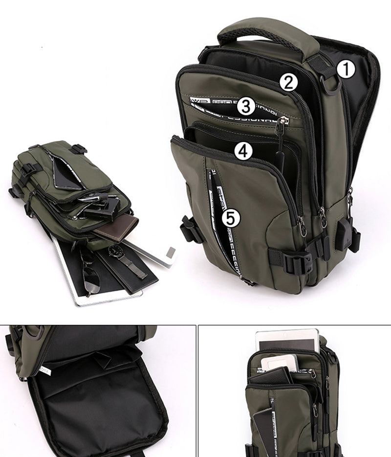 Detailed view of the crossbody bag's material and zipper quality