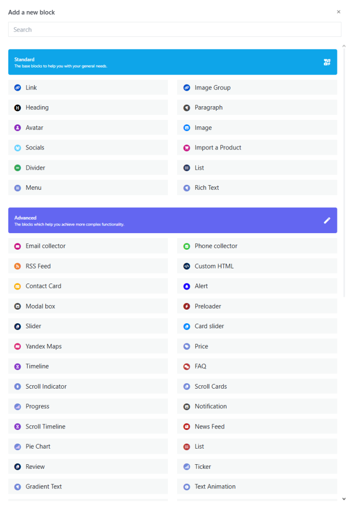 A screenshot showing ItsBio.Link's standard block options including links, headings, images, menus, and social icons.