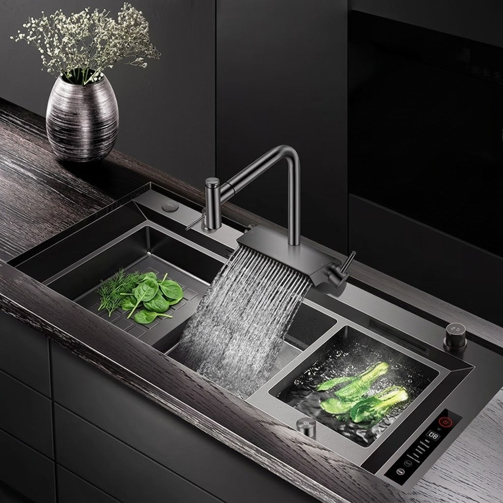 Sleek gunmetal finish of the smart kitchen sink