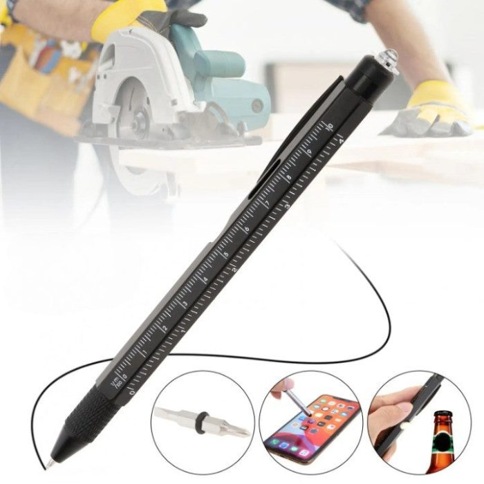 The 9in1 Multifunctional Task Master Pen displayed with its various functions highlighted, such as ruler, level, and screwdriver.