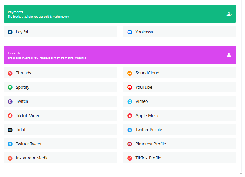 A screenshot of the itsbio.link interface showing various block categories and design elements.