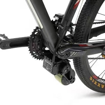 Bicycle being converted with a Bike Speed Enhancer Electric Kit, showing motor and battery.