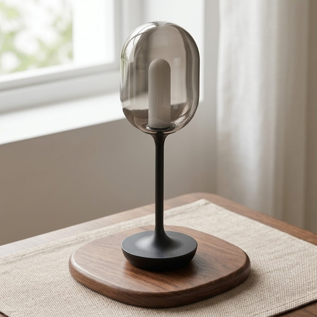 Oval Glow Glass LED Table Lamp creating a cozy ambiance on a side table