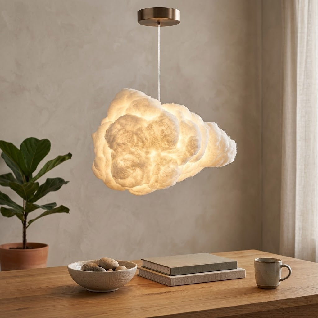 A fluffy cloud lamp creating a serene glow in a bedroom