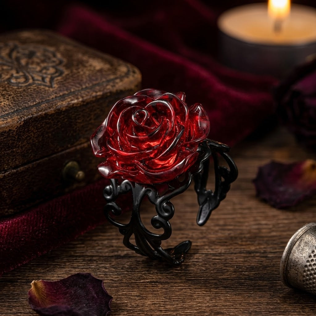 Gothic Dark Rose Ring worn as a statement piece of jewelry