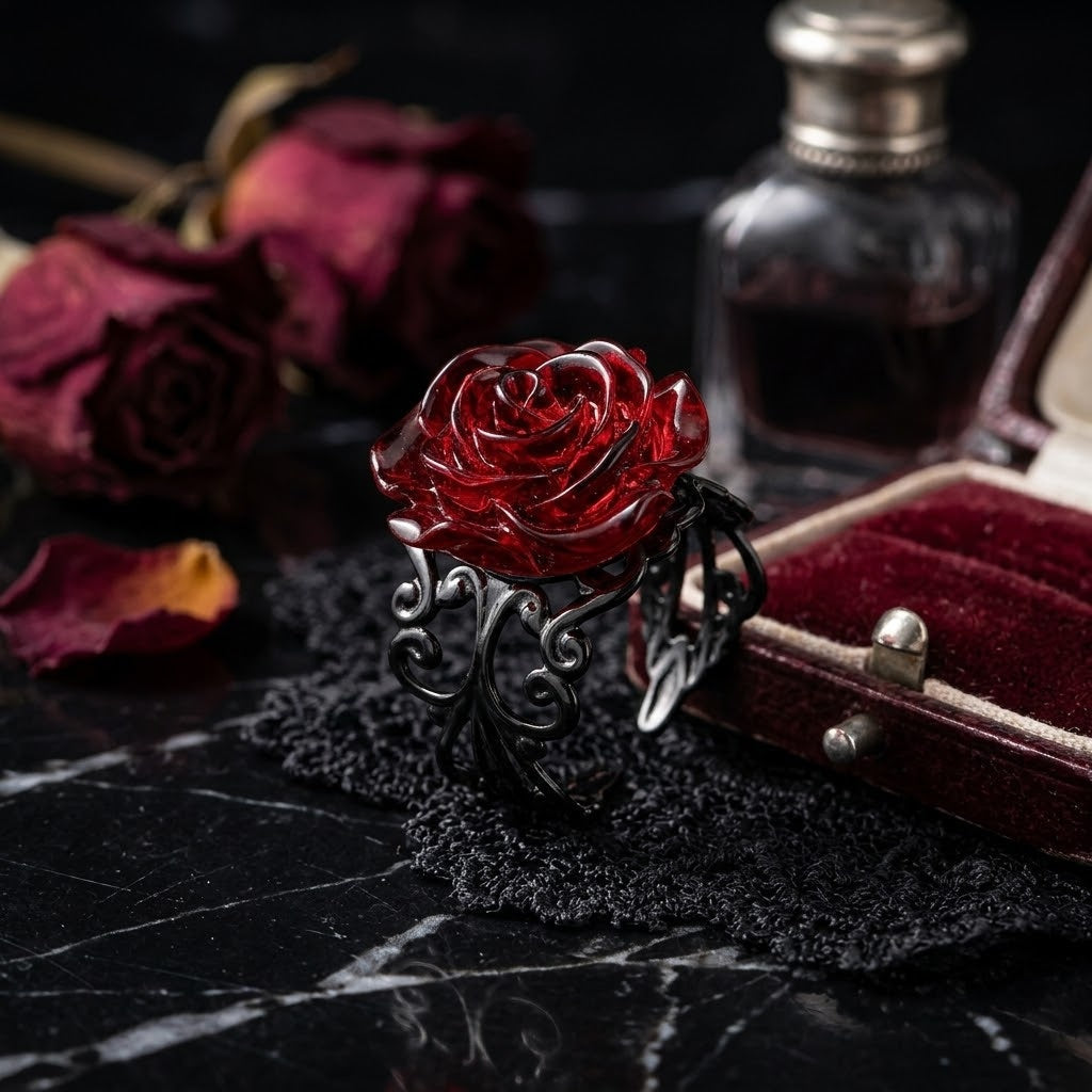 Close-up detail of the intricate black band on the Gothic Dark Rose Ring