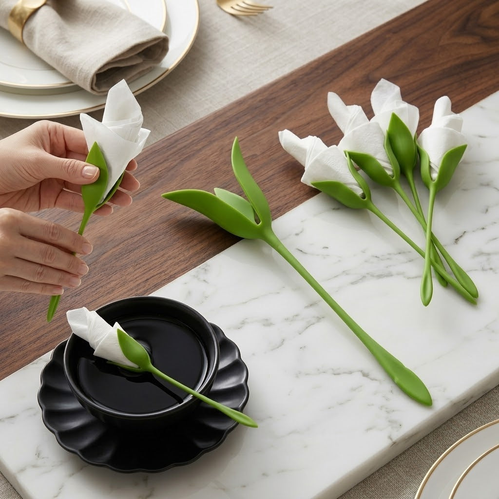 Lily Flower Napkin Holder creating an elegant green table setting